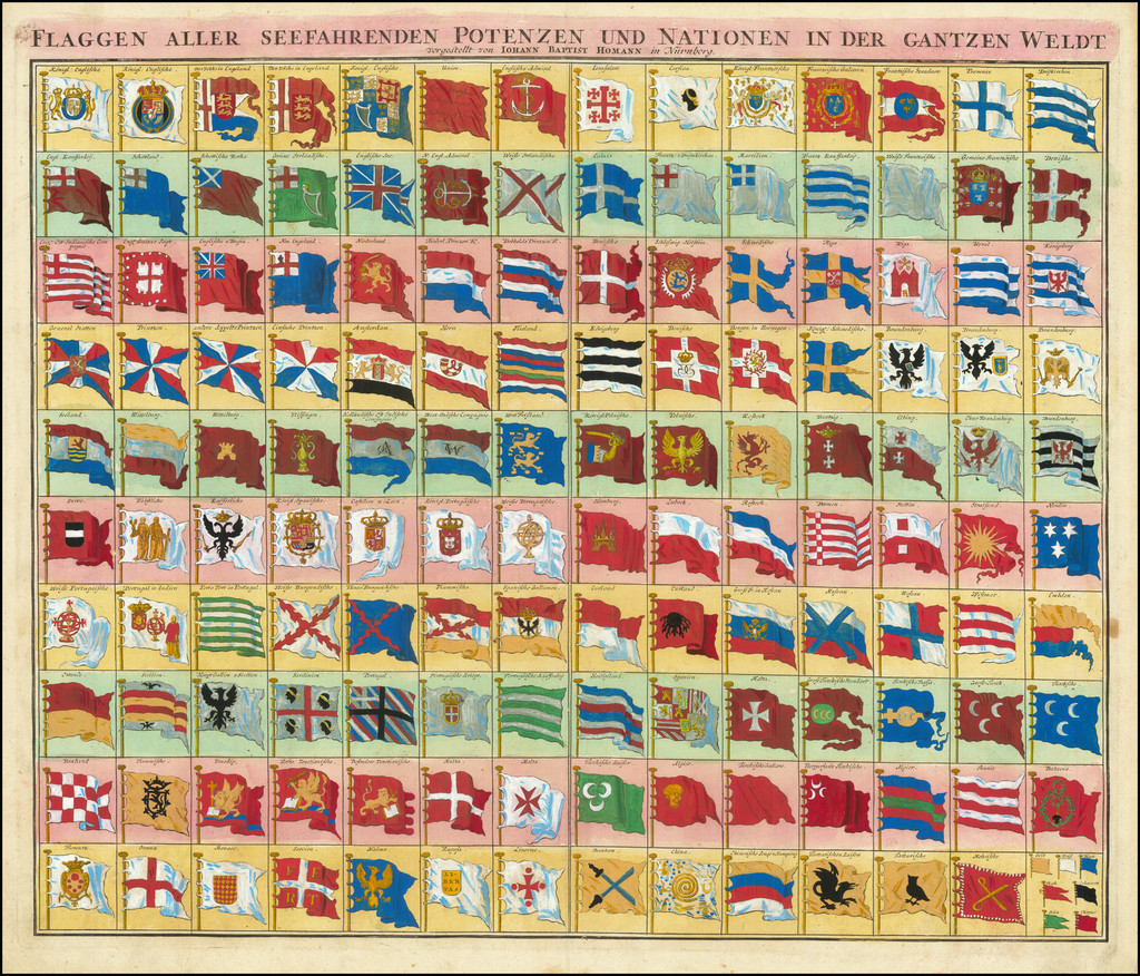Complete sheet titled Flaggen aller seefahrenden Potenzen und Nationen in der gantzen Weldt, showing ten rows of flags on gilt staffs