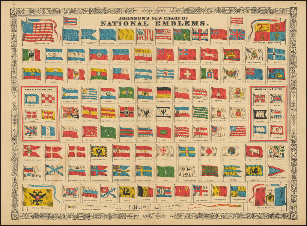 Complete double-page chart titled Johnson's New Chart of National Emblems, showing rows of flags on staffs, two boxed tables of pilot signals, four large corner standards, and two pennants along the foot