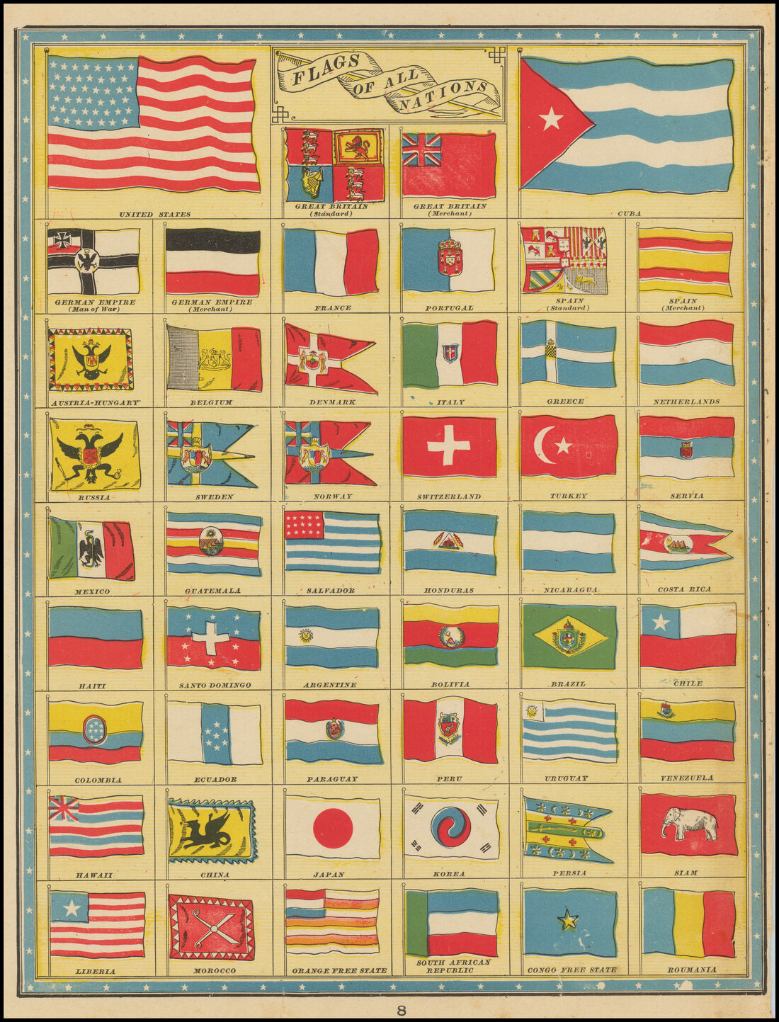 Complete sheet titled Flags of All Nations, showing 52 flags in nine rows within a star-spangled blue border